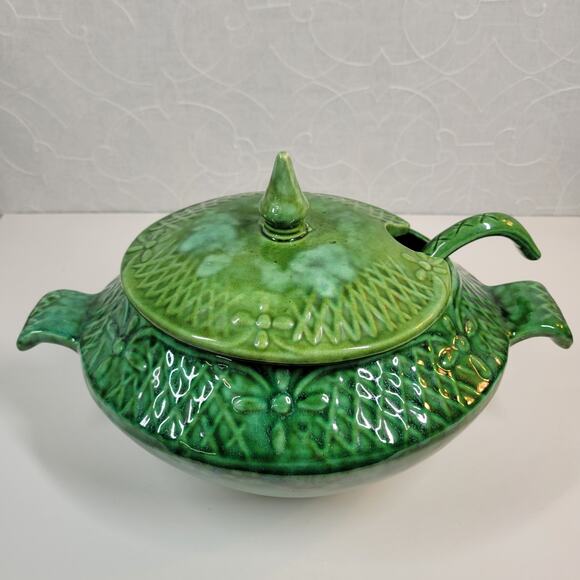 Marcia Of California Pottery Soup Tureen Green MCM Serving Bowl Ladle Lid USA - Picture 6 of 13